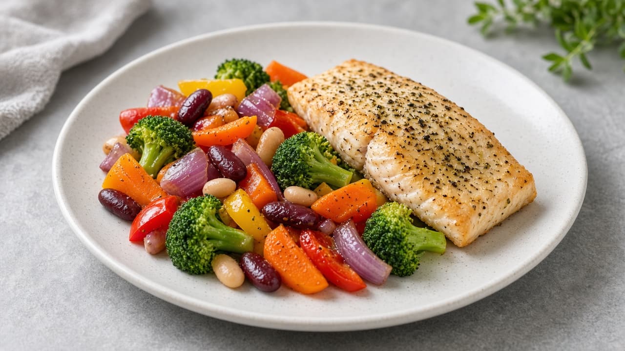 Plate half-filled with vegetables plus beans and fish