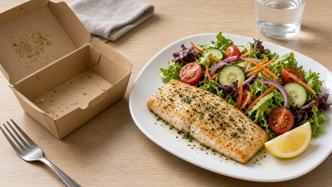 Baked fish and salad swapped in place of a fried takeout box