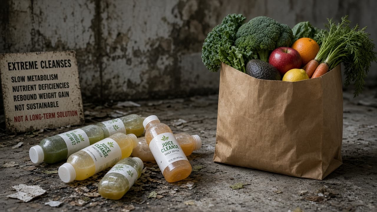 Abandoned juice cleanse bottles beside a normal grocery bag