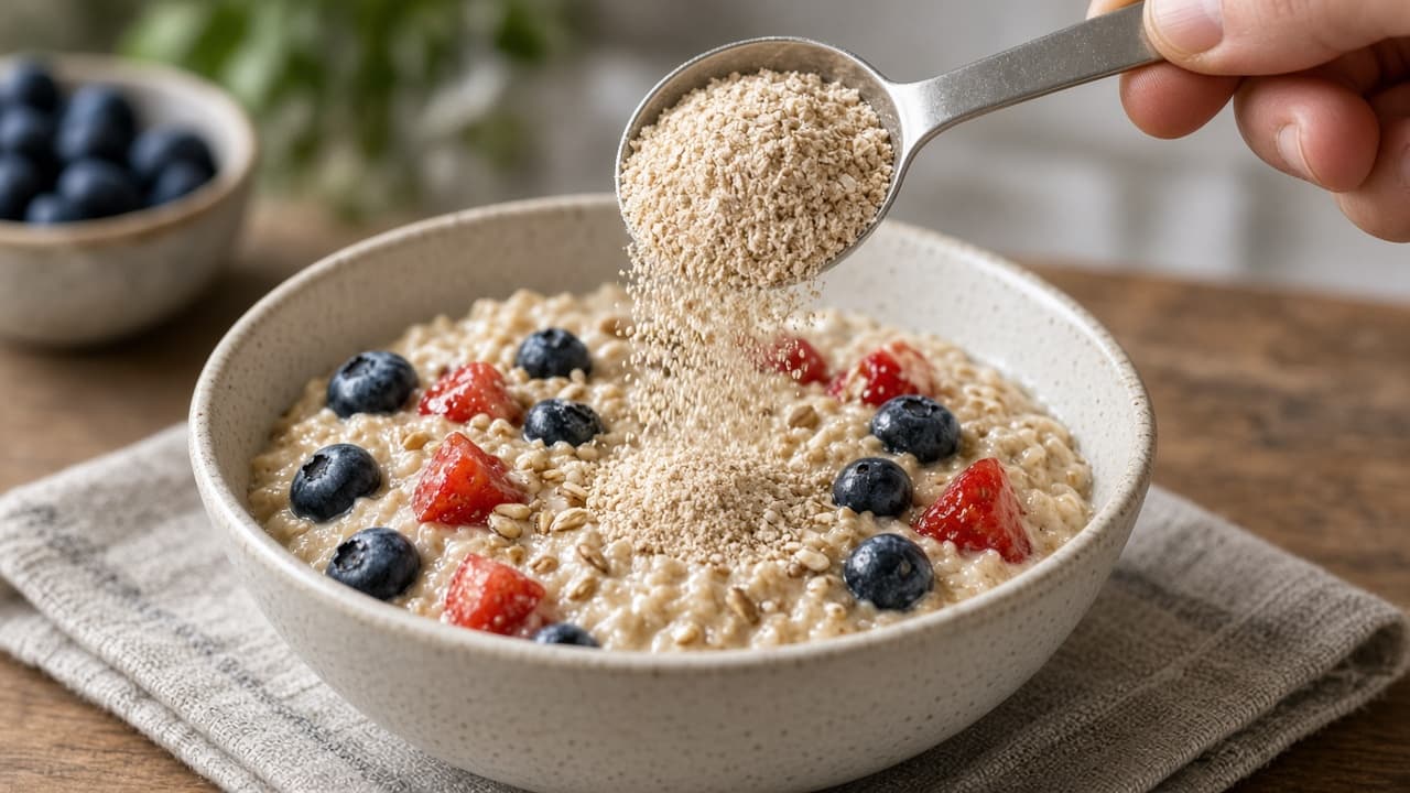 Measuring spoon of oat bran stirred into breakfast