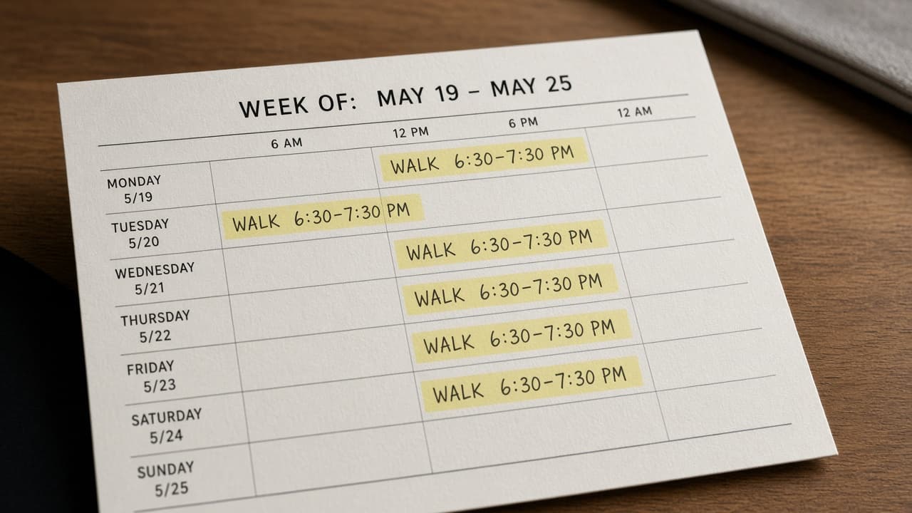 Calendar with recurring walk blocks highlighted