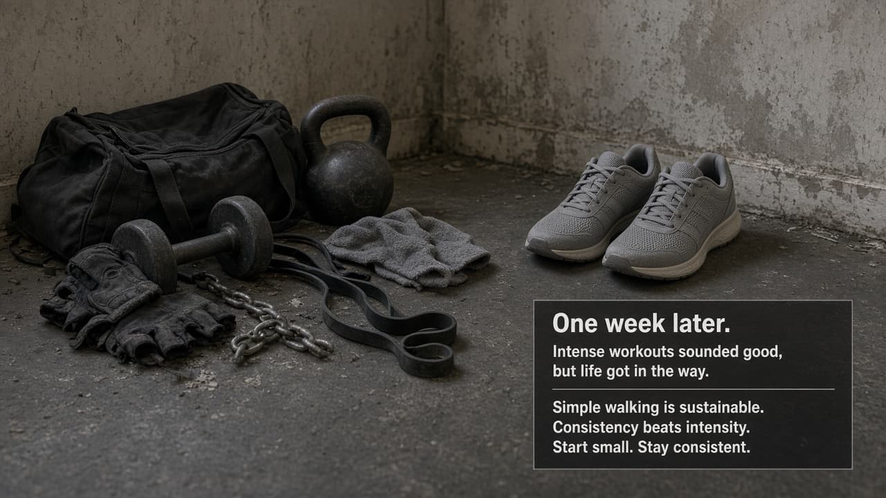 Overly intense workout abandoned after one week beside walking shoes