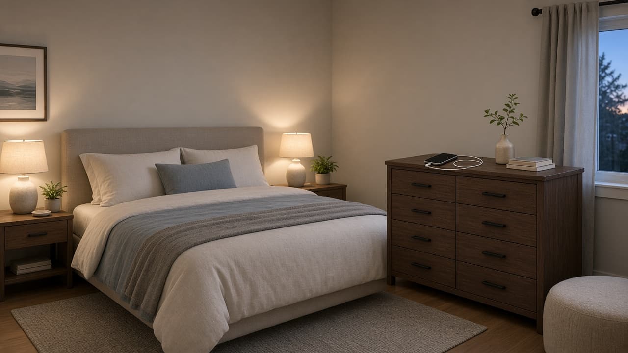 Bedroom ready for a consistent bedtime with phone outside the bed