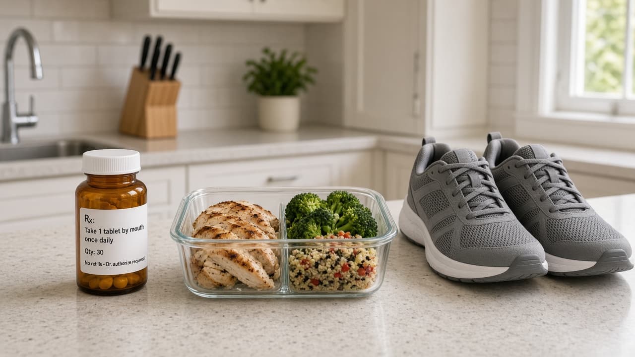Prescription bottle beside a meal-prep container and walking shoes