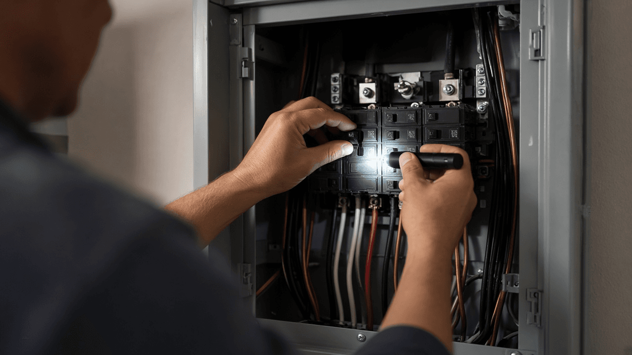 Open home electrical panel with one breaker switch in the off position