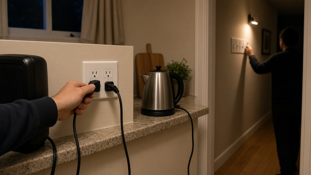 Hand unplugging a kettle from a kitchen outlet