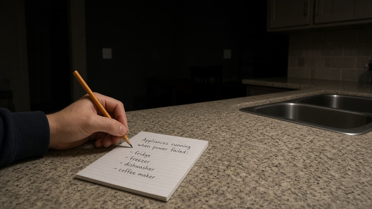 Hand writing a list of appliances that were running when power failed