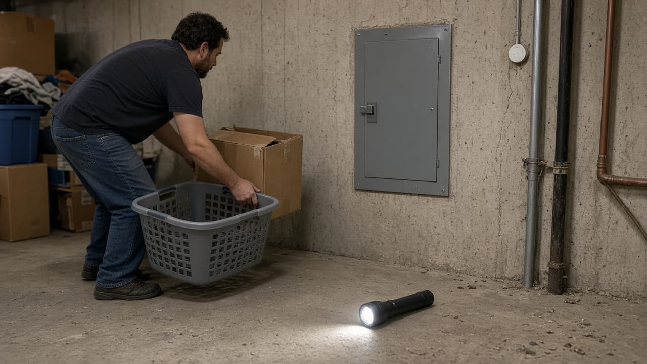 Person clearing boxes away from a basement breaker panel