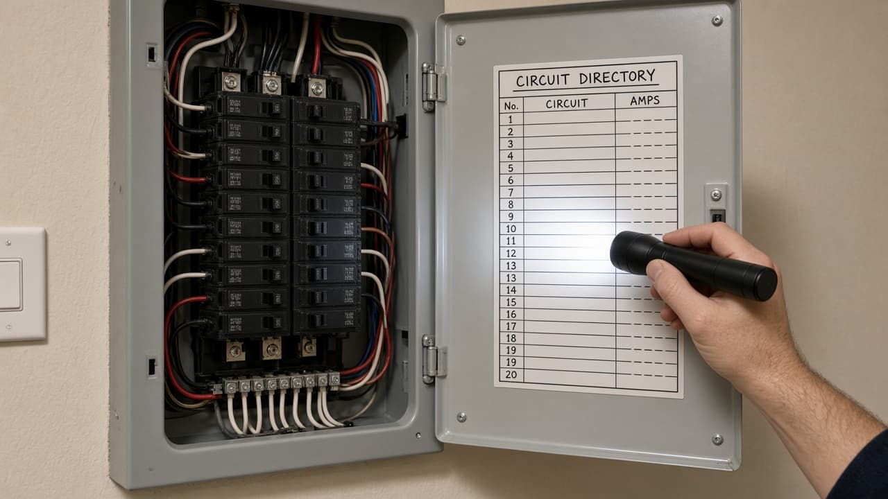 Flashlight aimed at a circuit directory inside an open panel door