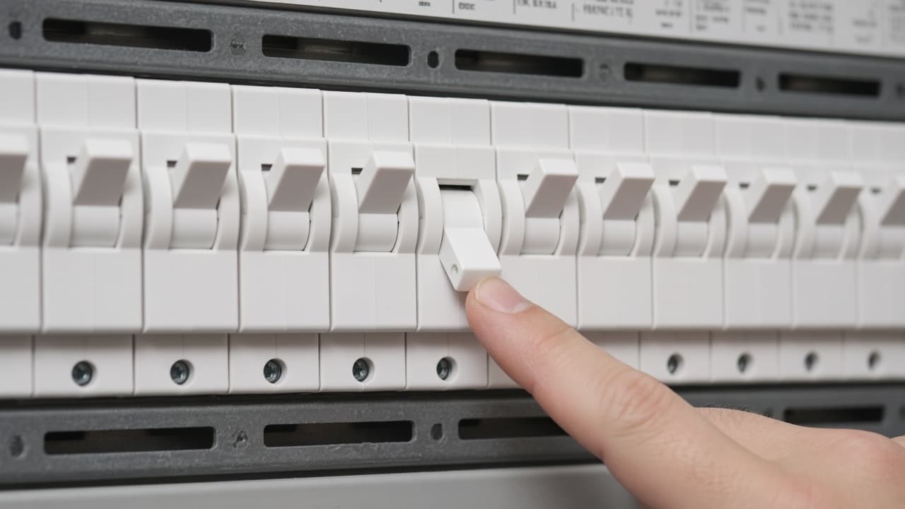 Finger identifying a breaker handle that is not aligned with the others