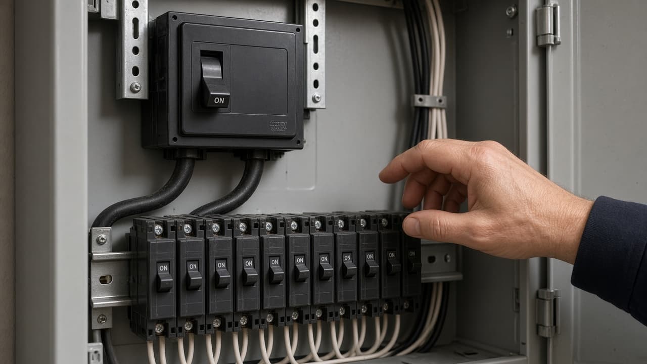 Large main breaker at the top of a panel above branch switches