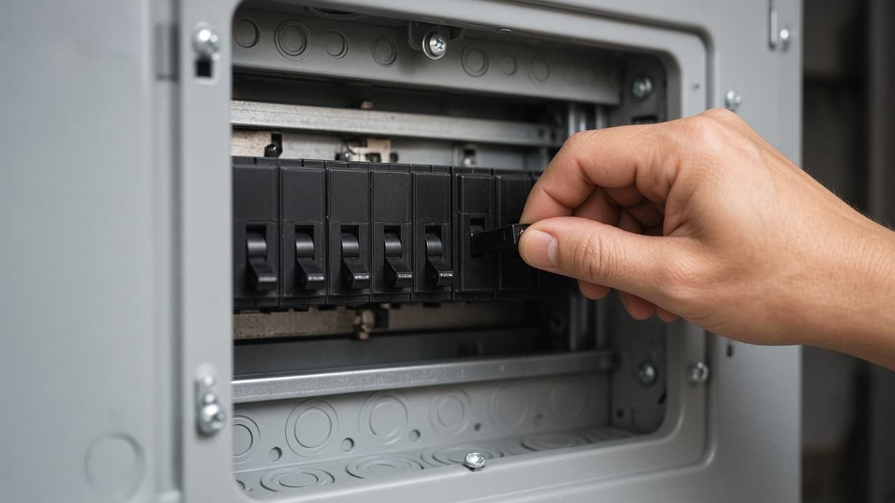 Hand pushing a breaker handle fully to the off position
