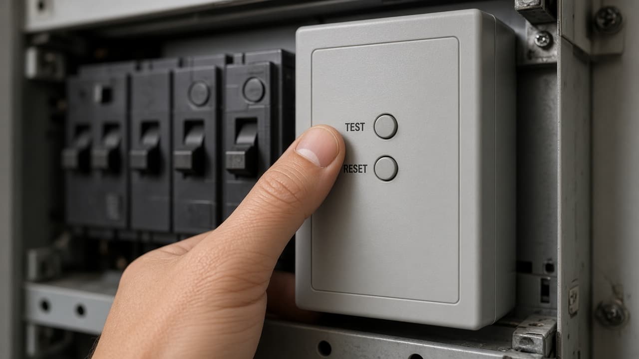 Thumb pressing a TEST button on a GFCI-style breaker module