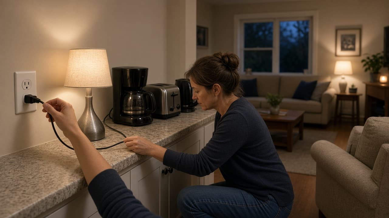 Person carefully managing plugs at a kitchen outlet after a reset