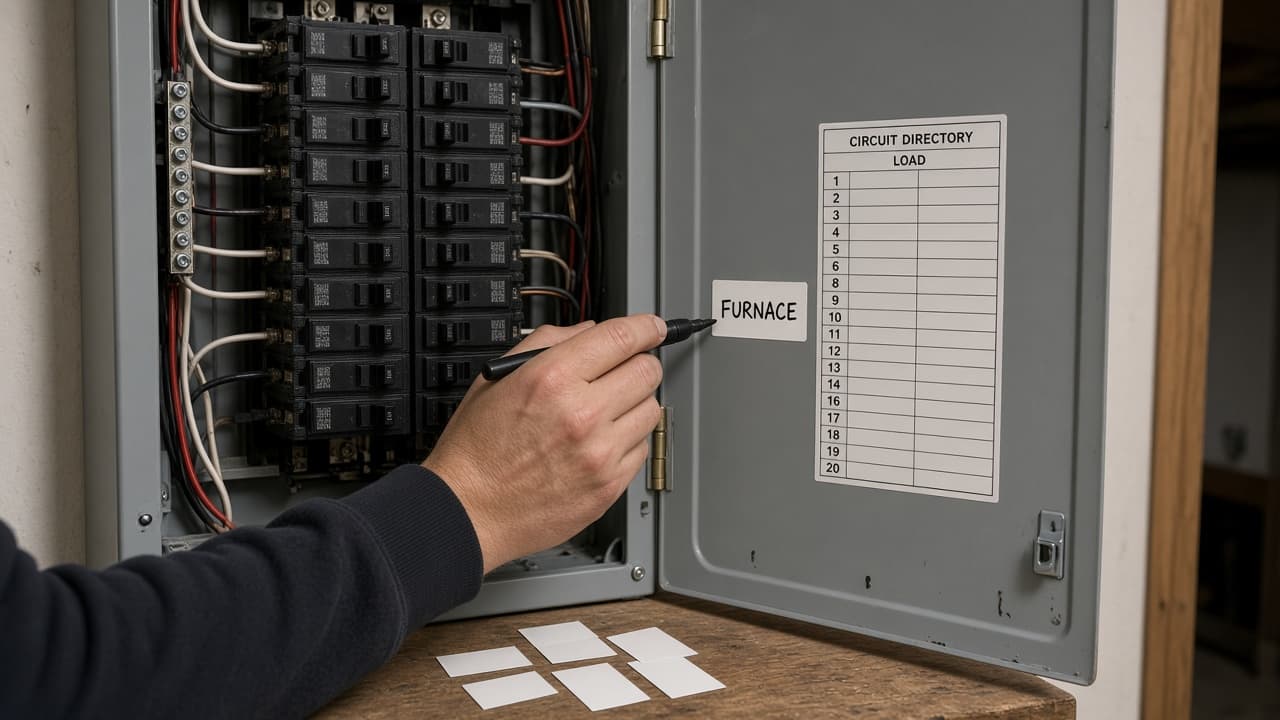 Hand writing a clear room label on a circuit directory card