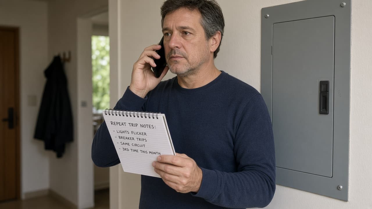 Homeowner on the phone beside a closed panel with trip notes