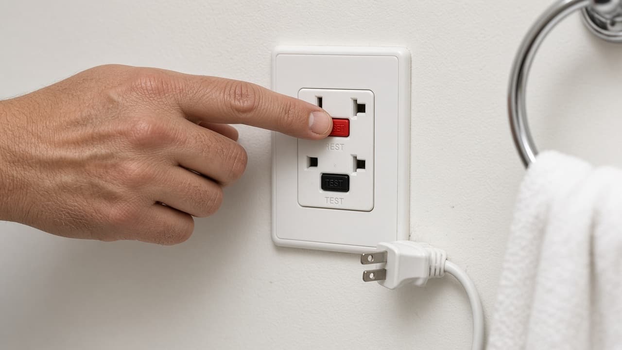 Dry hand pressing RESET on a wall GFCI receptacle