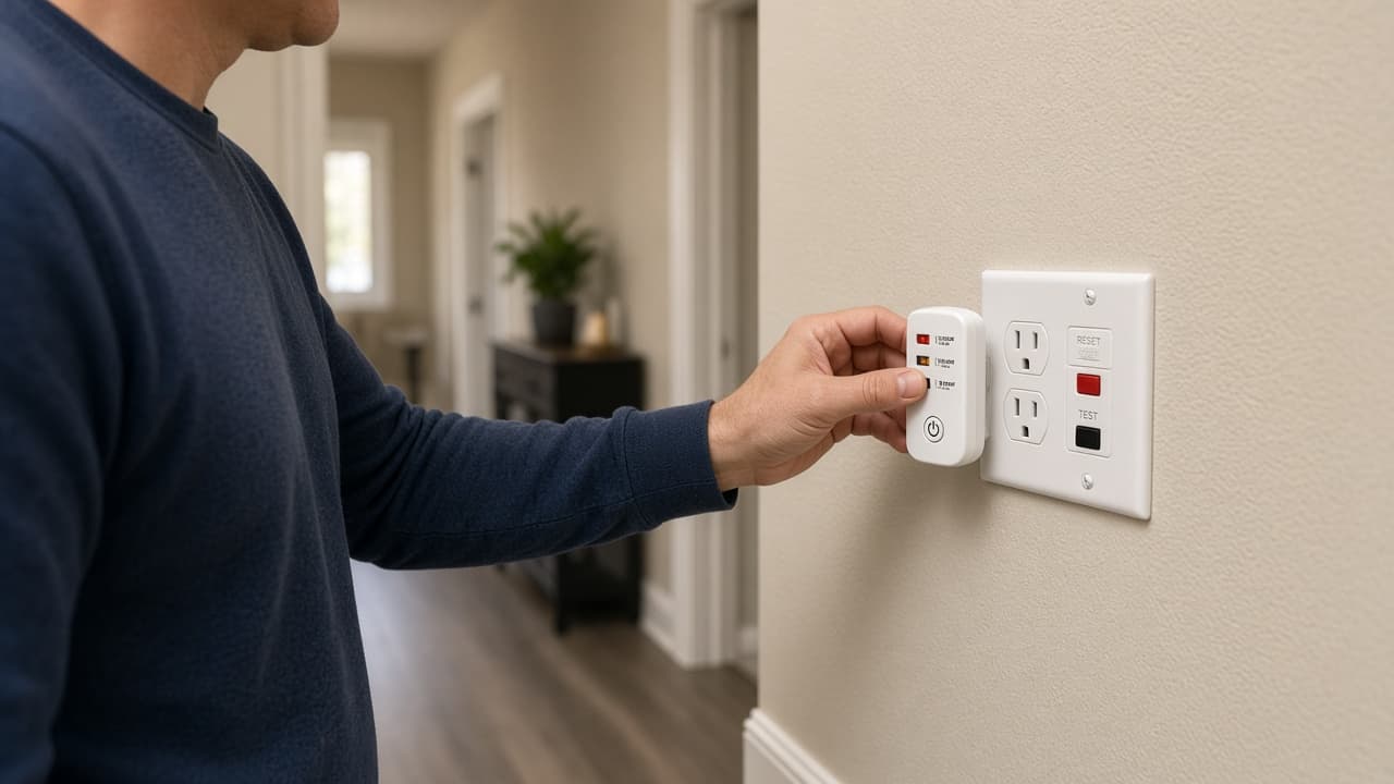 Person testing a nearby outlet after resetting a GFCI