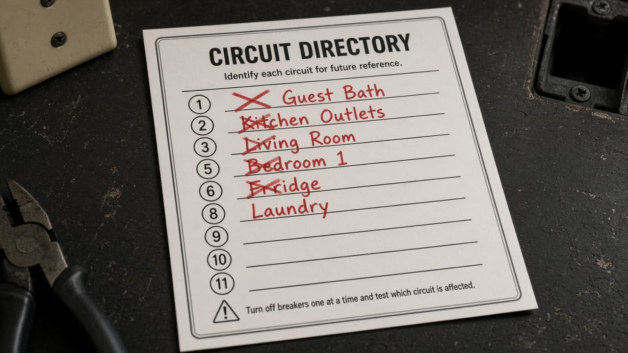 Incorrect guessed labels crossed out on a panel directory