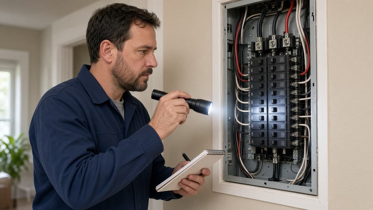 Licensed electrician inspecting an open residential panel