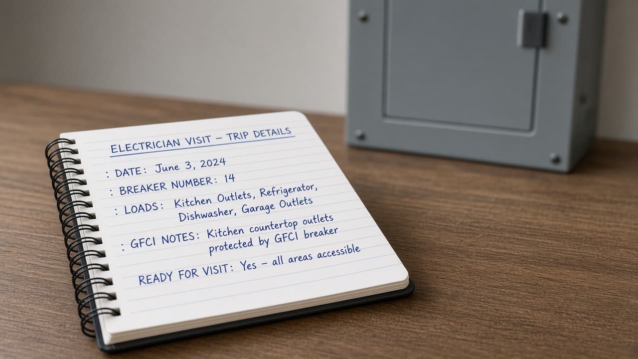 Notebook of trip details ready for an electrician visit