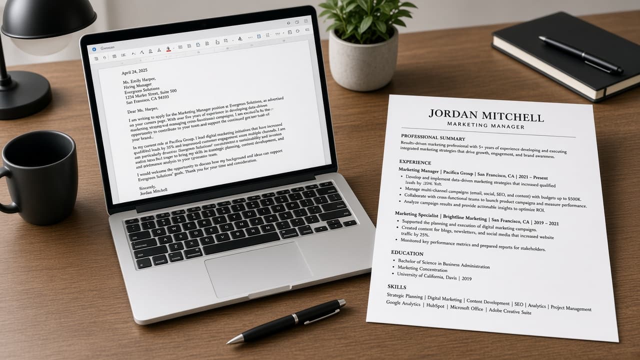 Laptop open to a short cover letter draft beside a printed job description