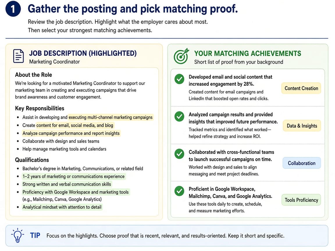 Job description highlighted next to a short list of matching achievements