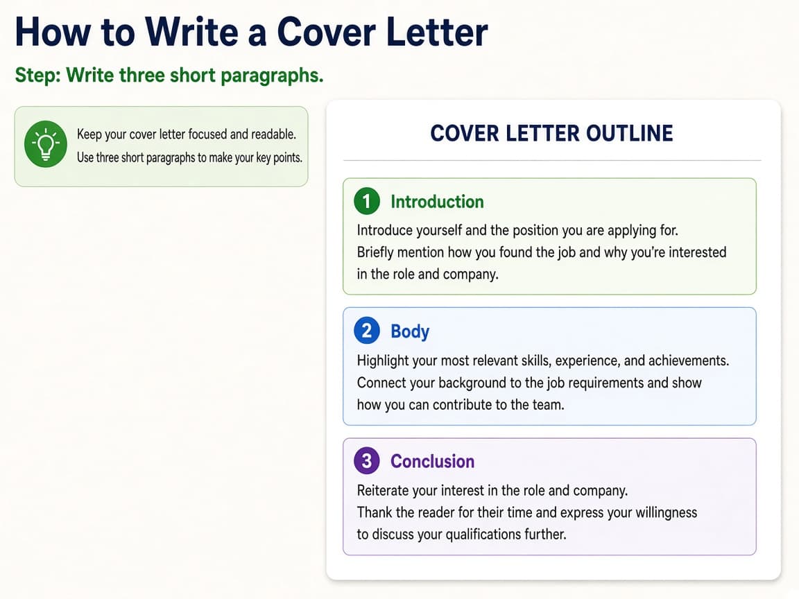 Cover letter outline showing three labeled paragraphs