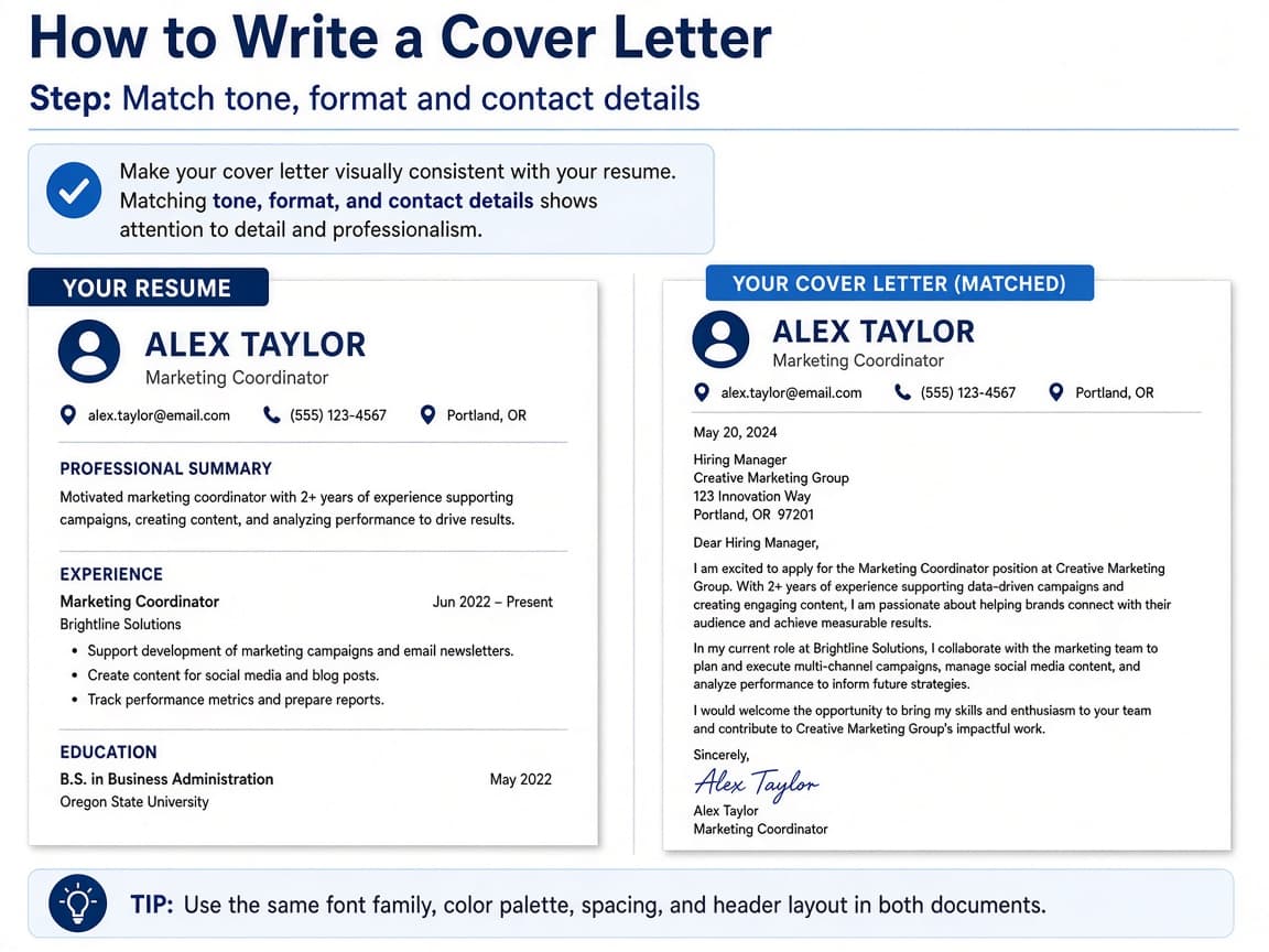 Resume and cover letter side by side with matching headers