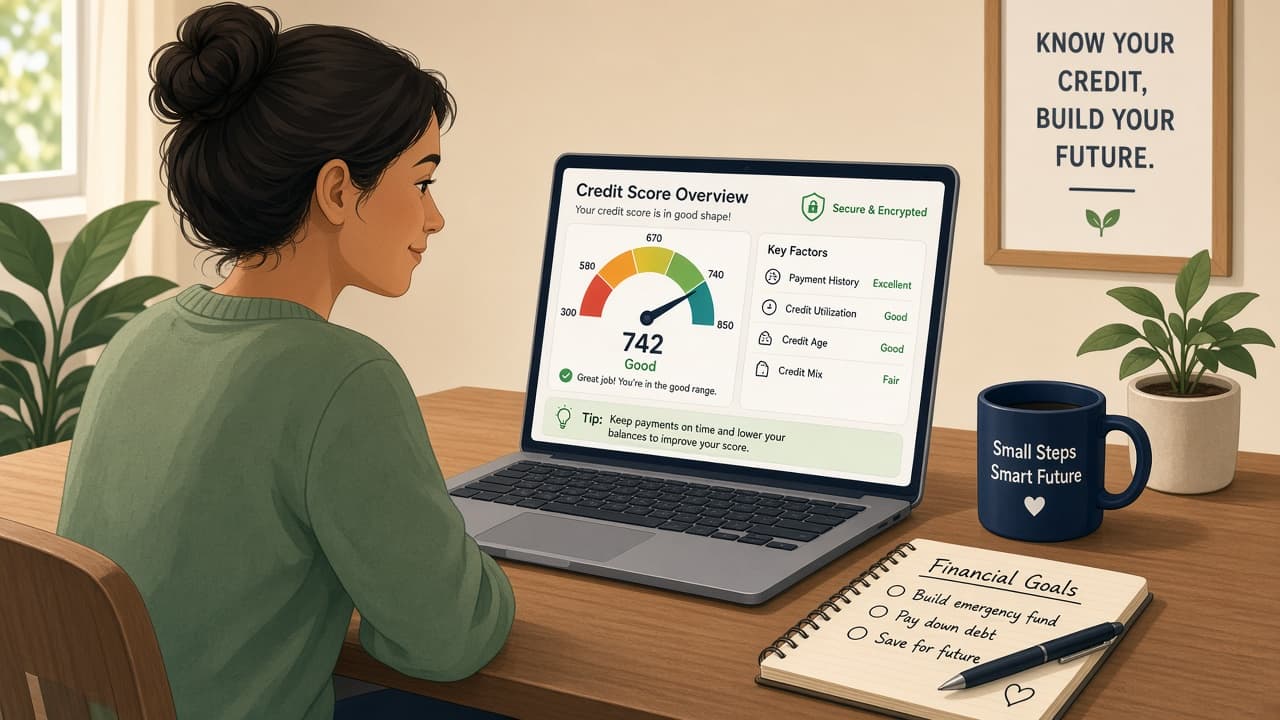 Person reviewing a credit report summary on a laptop with a notebook for errors
