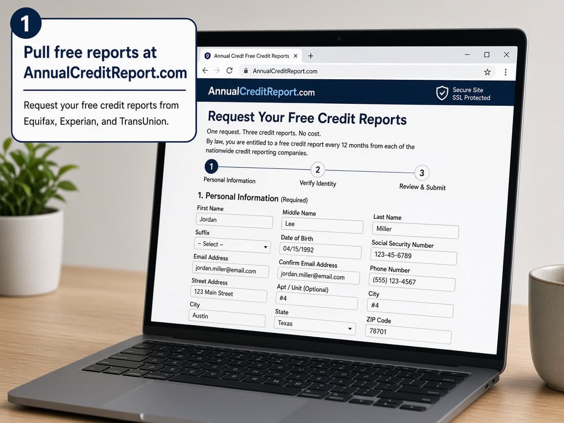 Browser open to AnnualCreditReport.com with a request form started