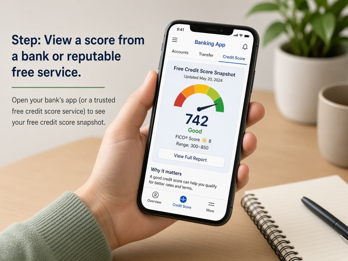 Banking app showing a free credit score snapshot