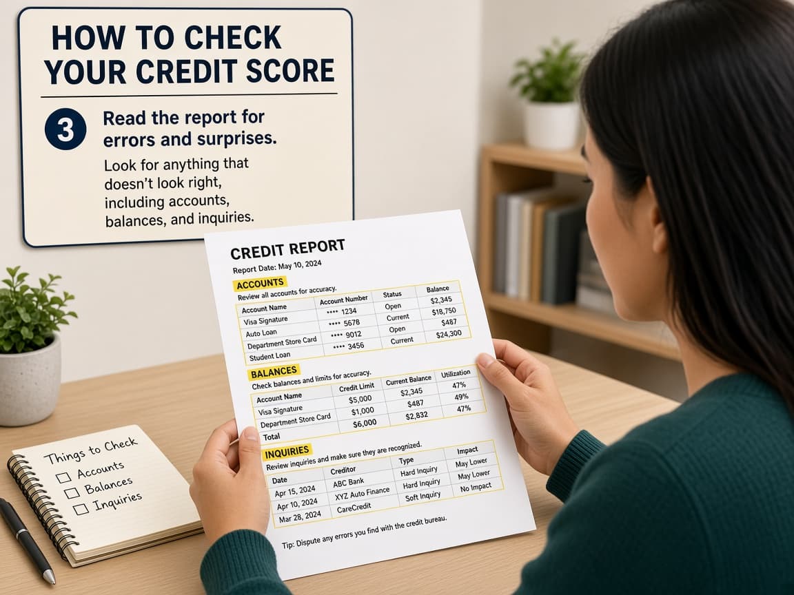 Credit report sections highlighted: accounts balances and inquiries