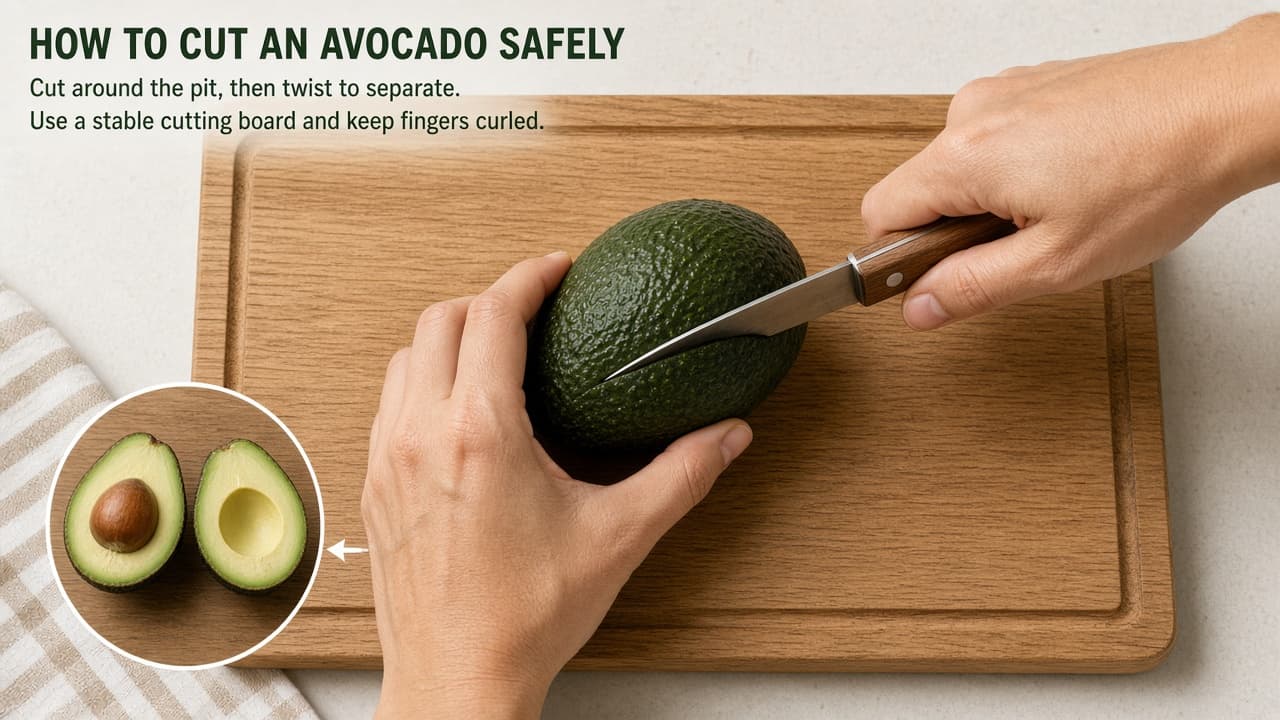 Avocado halves with pit removed and sliced flesh in the skin