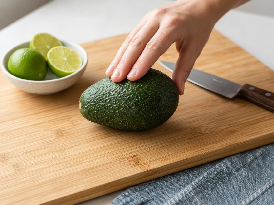 Hand gently pressing a ripe avocado on a cutting board