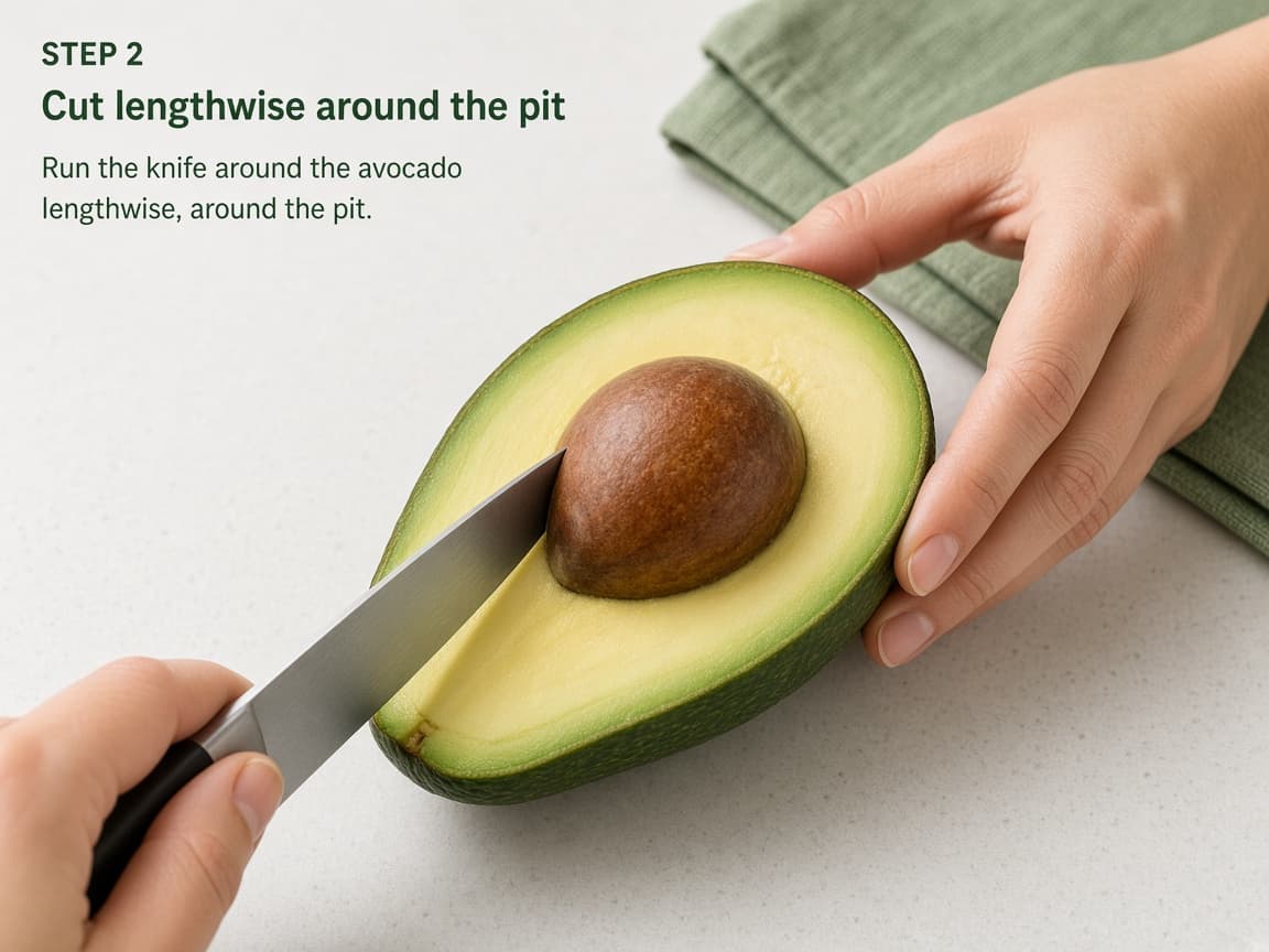 Knife cutting an avocado lengthwise around the pit