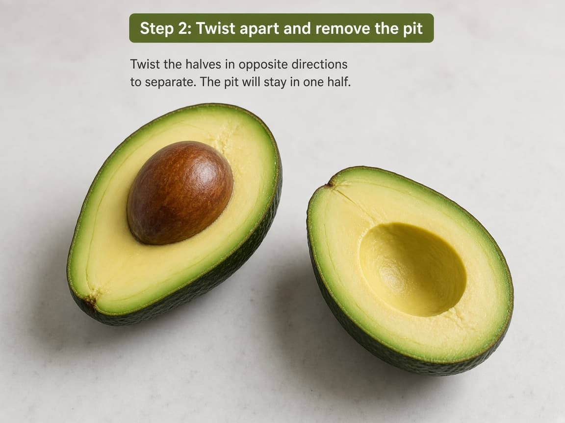 Two avocado halves twisted apart with pit in one side