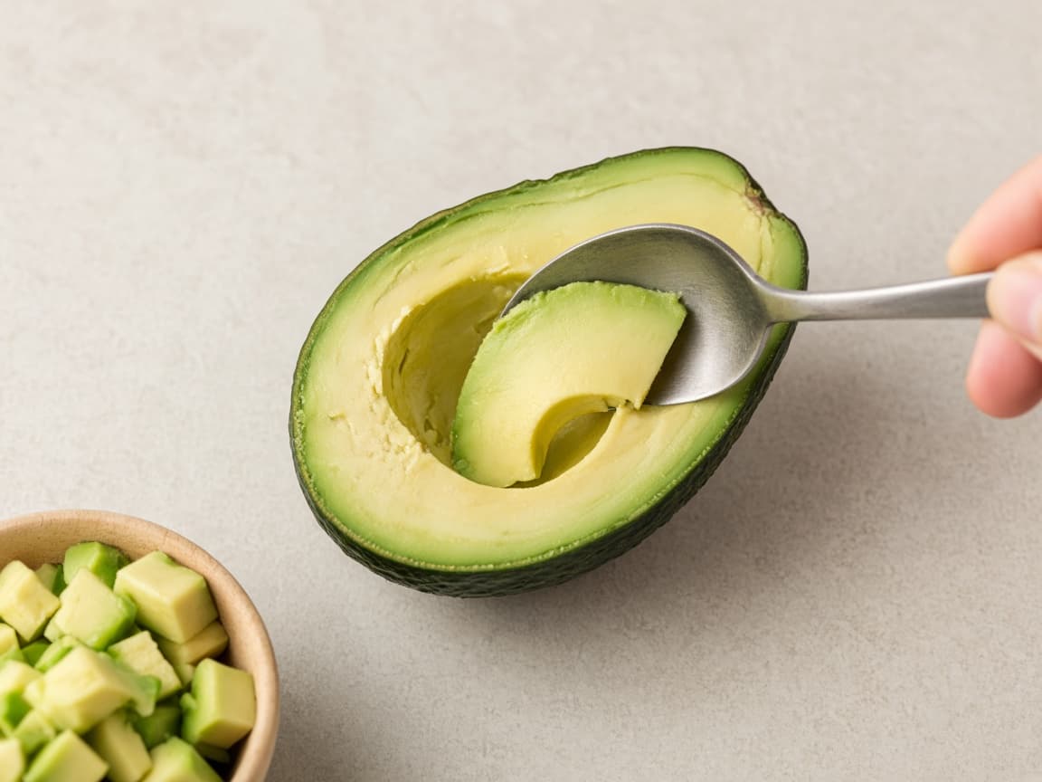 Spoon scooping avocado flesh from the skin