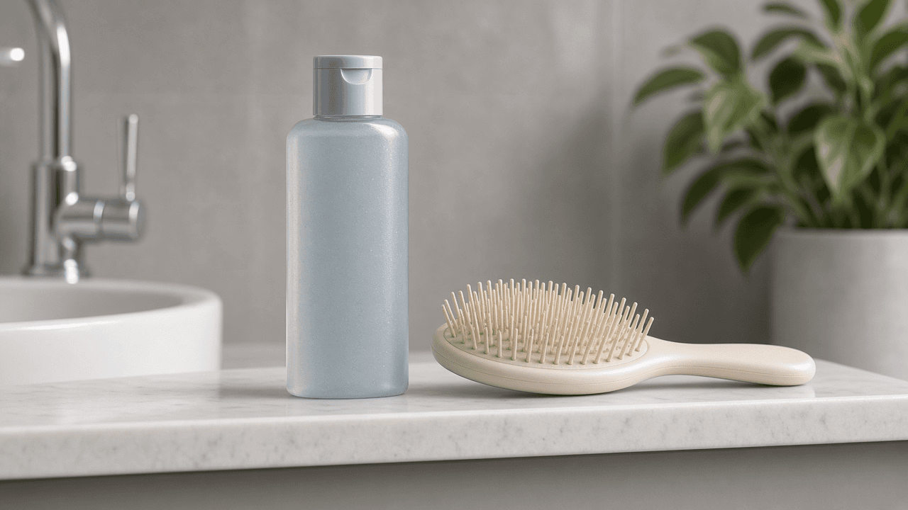 Medicated dandruff shampoo bottle beside a shower head and scalp massage brush