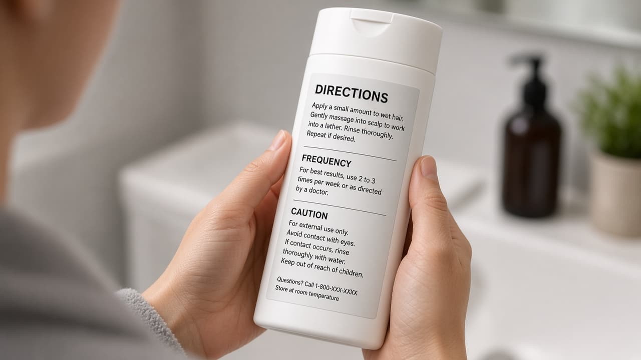Anti-dandruff shampoo bottle label showing use two to three times weekly