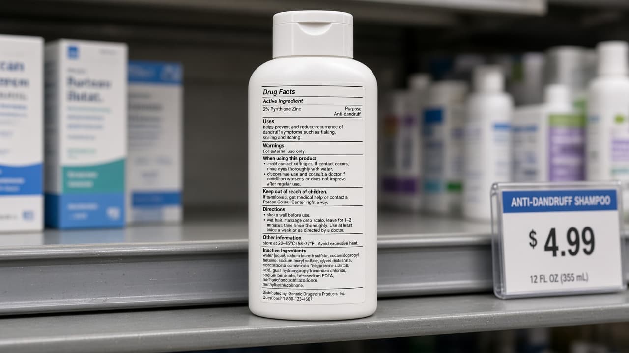 Drugstore anti-dandruff shampoo with active ingredient label visible