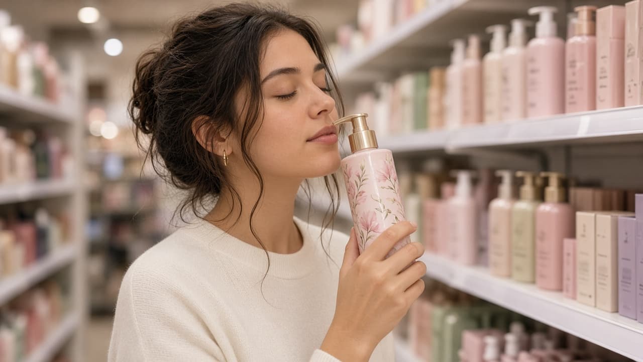 Shopper comparing scented shampoo bottles without reading active ingredients