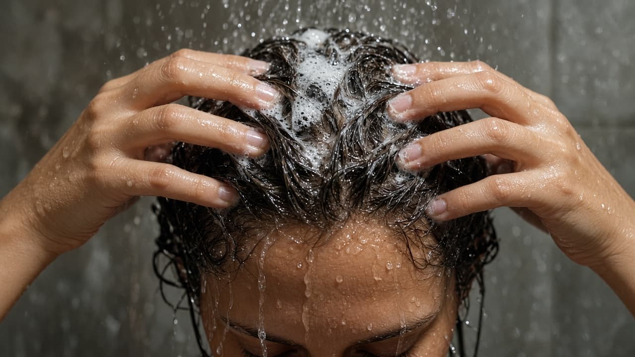 Hands massaging medicated shampoo into a wet scalp