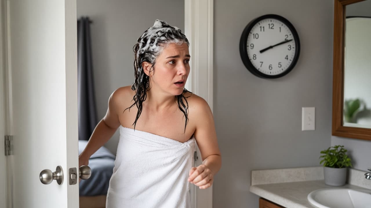 Person leaving the shower with shampoo residue still in hair