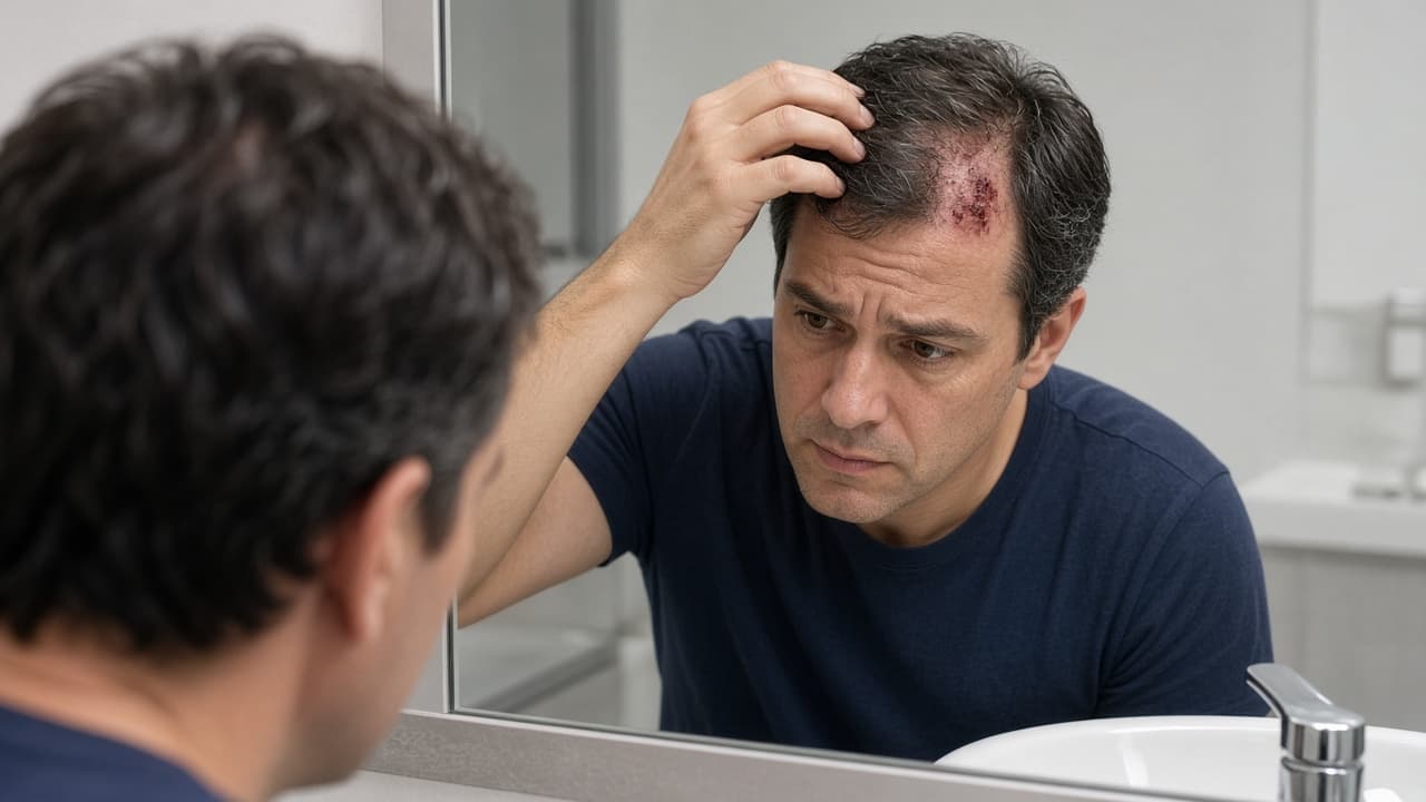 Inflamed flaking scalp left untreated for months beside a delayed appointment card