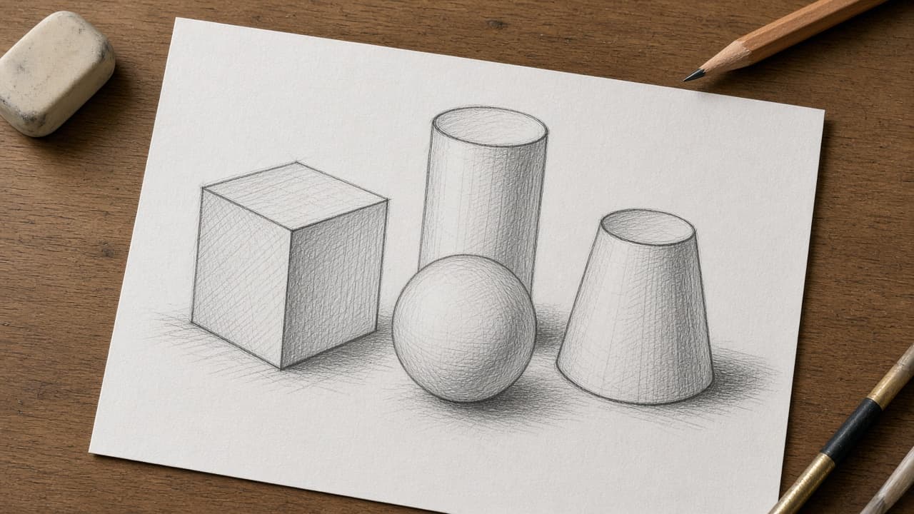 Pencil sketchbook with light construction lines around a simple still-life cup and apple