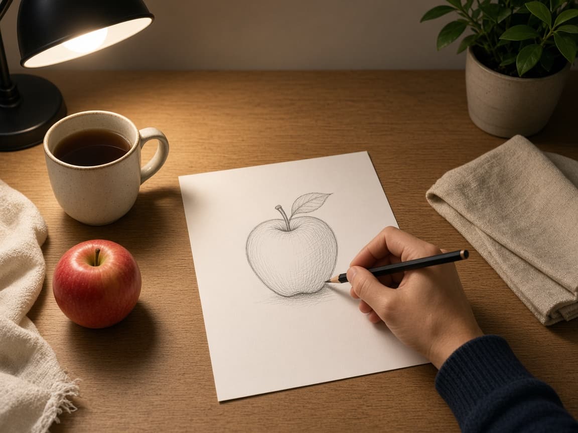 Desk with mug apple cloth pencil and single side light