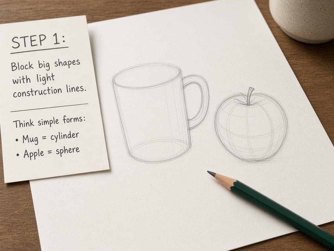 Light pencil outline of mug and apple as basic shapes