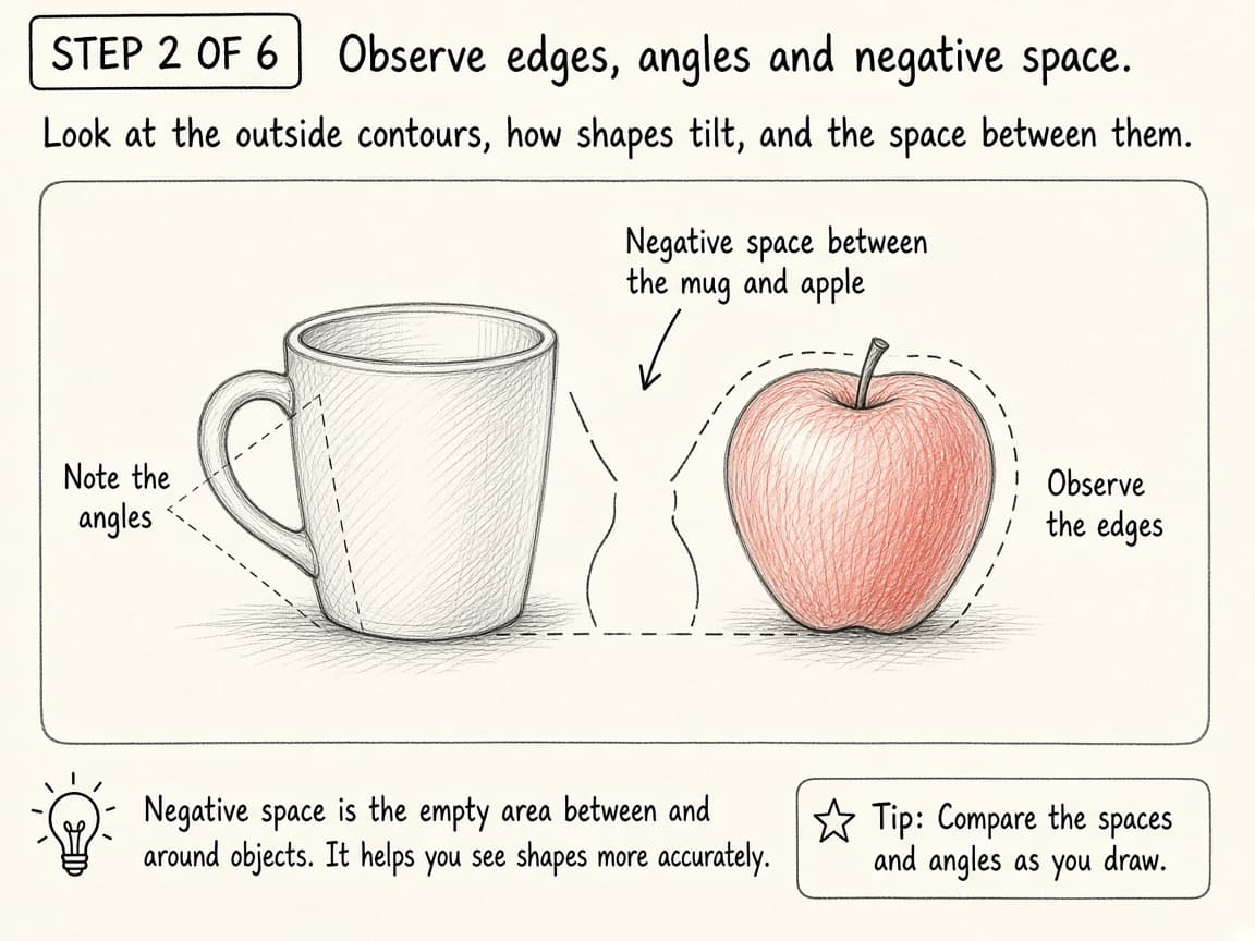 Sketch showing negative space between mug and apple