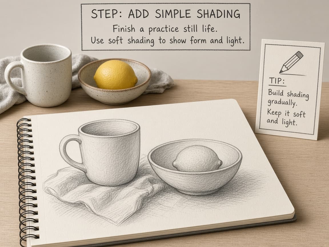 Finished beginner still-life sketch with soft shading